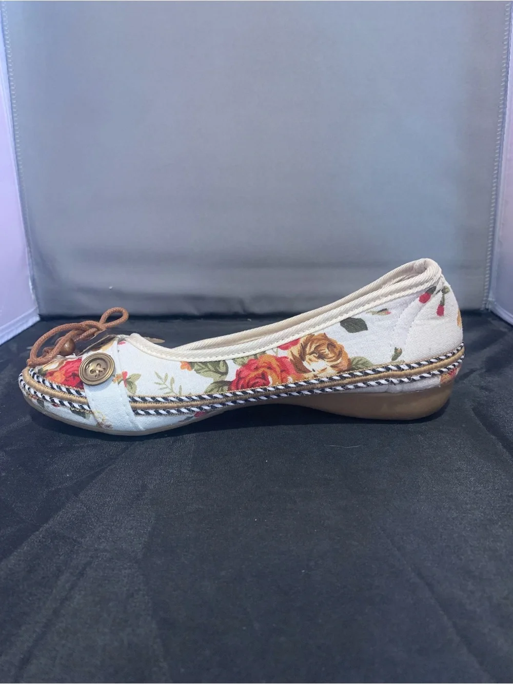 Floral Canvas Slip-On Flats with Brown Bow Detail - White Floral